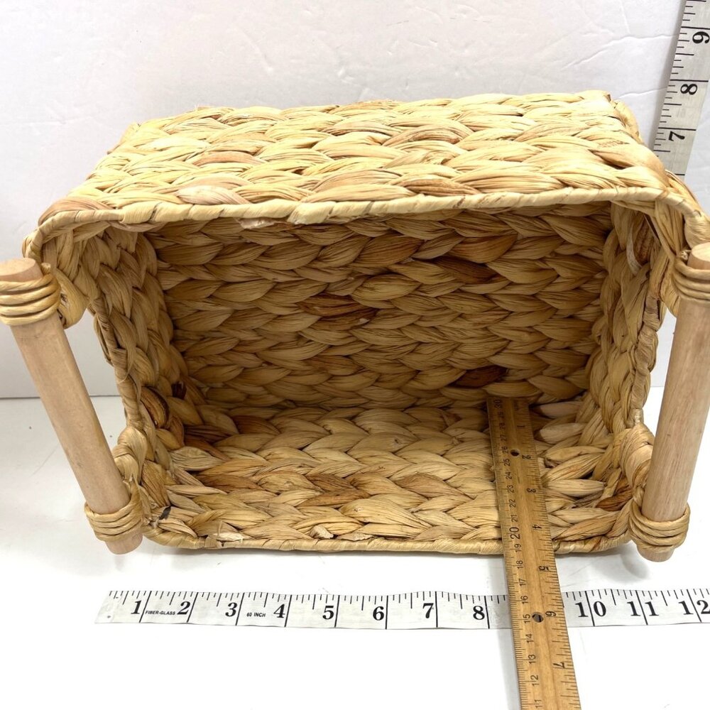 Set Of 4 Handwoven Rectangle Baskets With Wooden Accents Home Storage & Decor - Picture 12 of 13